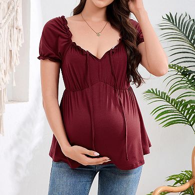 Women's Maternity Square Neck Ruffle Trim Tie Front Short Sleeve Peplum Top Casual Pregnancy Blouse