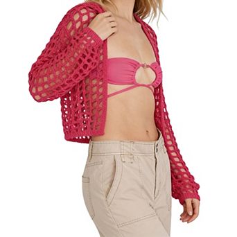 Women's Cropped Hollow Out Cardigan Long Sleeve Open Front Cover Up Casual Beach Shrug