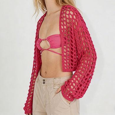 Women's Cropped Hollow Out Cardigan Long Sleeve Open Front Cover Up Casual Beach Shrug