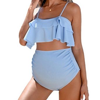 Women's Maternity Bikini High Waist Ruffle Trim Quick Dry Two Piece Swimsuit for Pregnancy