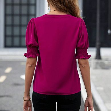 Women's V Neck Puff Sleeve Blouse Summer Ruched Cuff Ruffle Half Sleeve Casual Work Top