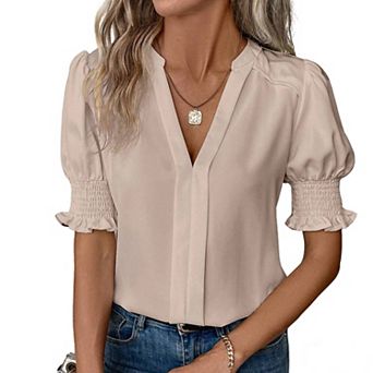 Women's V Neck Puff Sleeve Blouse Summer Ruched Cuff Ruffle Half Sleeve Casual Work Top