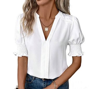 Women's V Neck Puff Sleeve Blouse Summer Ruched Cuff Ruffle Half Sleeve Casual Work Top