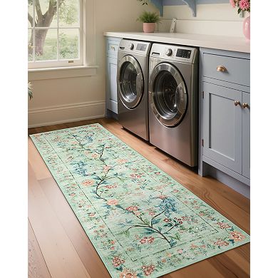 Area Rug with Distressed Washed Finish and Non-Skid Backing, Contemporary Floral Design
