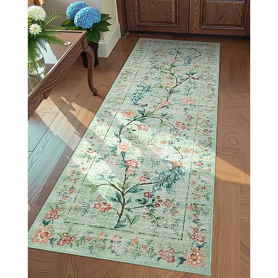Area Rug with Distressed Washed Finish and Non-Skid Backing, Contemporary Floral Design