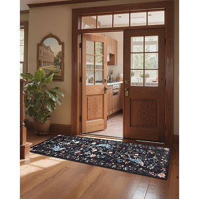 Area Rug with Distressed Washed Finish and Non-Skid Backing, Contemporary Floral Design