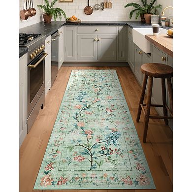 Area Rug with Distressed Washed Finish and Non-Skid Backing, Contemporary Floral Design