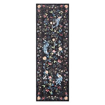 Area Rug with Distressed Washed Finish and Non-Skid Backing, Contemporary Floral Design