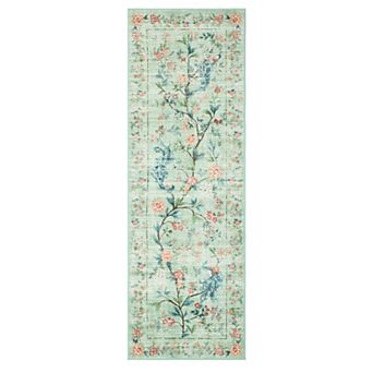 Area Rug with Distressed Washed Finish and Non-Skid Backing, Contemporary Floral Design
