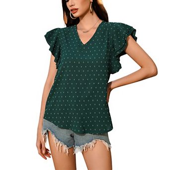 Women's V Neck Ruffle Short Sleeve Blouse Summer Textured Lightweight Casual Daily Top