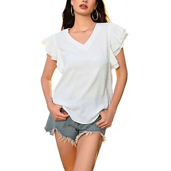 Women's V Neck Ruffle Short Sleeve Blouse Summer Textured Lightweight Casual Daily Top