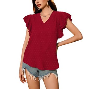 Women's V Neck Ruffle Short Sleeve Blouse Summer Textured Lightweight Casual Daily Top