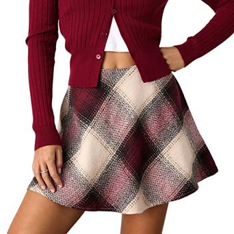 Women's High Waisted Plaid Mini Skirt Elastic Waist A Line Skirts