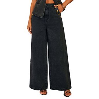 Women's Denim Wide Leg Pants High Waist Loose Fit Jeans with Side Button Casual Fashion Trousers