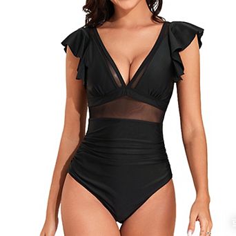 Women's Ruffle Sleeve 1 pc Swimsuit Mesh V Neck Tummy Control Bathing Suit