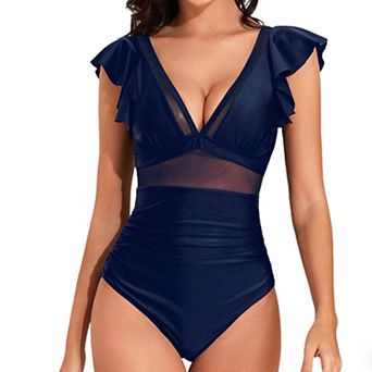 Women's Ruffle Sleeve 1 pc Swimsuit Mesh V Neck Tummy Control Bathing Suit