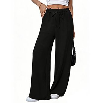 Women's Drawstring Elastic Waist Wide Leg Pants Casual Loose Straight Leg Trousers Lounge Pants