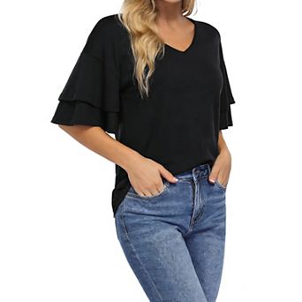 Women's V Neck Ruffle Short Sleeve Top Summer Casual Loose Fit Blouse Daily Fashion T Shirt