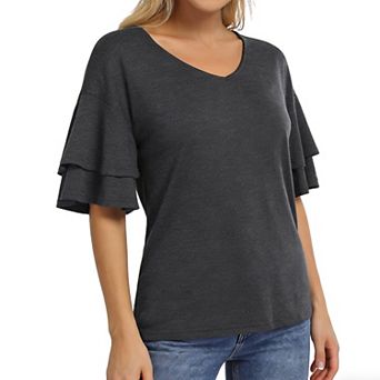 Women's V Neck Ruffle Short Sleeve Top Summer Casual Loose Fit Blouse Daily Fashion T Shirt