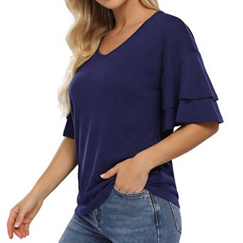 Women's V Neck Ruffle Short Sleeve Top Summer Casual Loose Fit Blouse Daily Fashion T Shirt