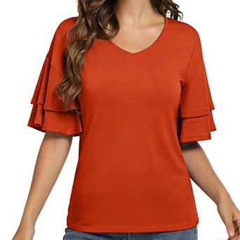 Women's V Neck Ruffle Short Sleeve Top Summer Casual Loose Fit Blouse Daily Fashion T Shirt