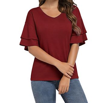 Women's V Neck Ruffle Short Sleeve Top Summer Casual Loose Fit Blouse Daily Fashion T Shirt