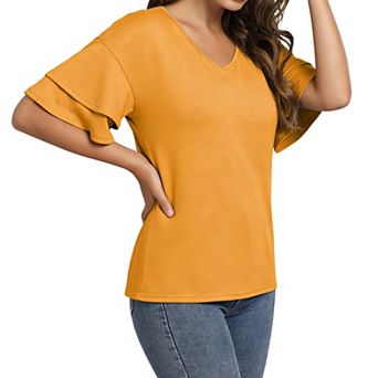 Women's V Neck Ruffle Short Sleeve Top Summer Casual Loose Fit Blouse Daily Fashion T Shirt