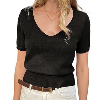 Women's V Neck Knit Short Sleeve Top Fitted Casual Ribbed Sweater T Shirt for Daily Wear