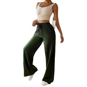 Women's Elastic Waist Wide Leg Pants Casual Loose Fit Lounge Trousers with Pockets