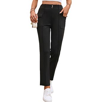 Women's High Waist Pants Button Detail Slim Fit Straight Leg Casual Trousers With Pockets