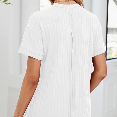 Women's Ribbed Knit Short Sleeve Crewneck Tee Summer Casual Solid Color Top