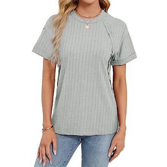 Women's Ribbed Knit Short Sleeve Crewneck Tee Summer Casual Solid Color Top