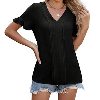 Women's V Neck Short Sleeve Ruffle T Shirt Casual Loose Fit Blouse Lightweight Summer Top