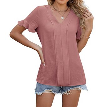 Women's V Neck Short Sleeve Ruffle T Shirt Casual Loose Fit Blouse Lightweight Summer Top