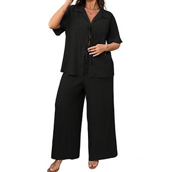 Women's Plus Size Two Piece Outfit Short Sleeve Tie Front Top and Wide Leg Pants Casual Loungewear