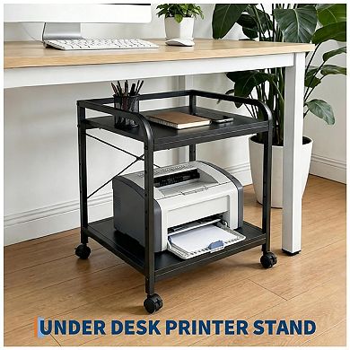 2 Tier Under Desk Printer Stand, Rolling Printer Cart with Wheels，Mobile Printer Table for Scanner