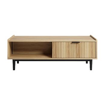42.5" Fluted Coffee Table with Drawer, Mid-Century Modern Living Room Table with Open Shelf