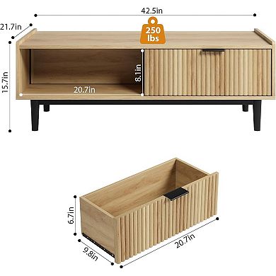 42.5" Fluted Coffee Table with Drawer, Mid-Century Modern Living Room Table with Open Shelf