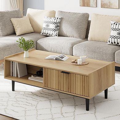 42.5" Fluted Coffee Table with Drawer, Mid-Century Modern Living Room Table with Open Shelf