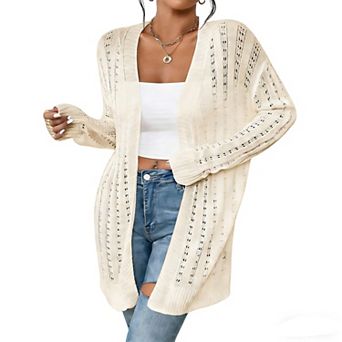 Women's Open Front Knit Cardigan Hollow Out Long Sleeve Lightweight Casual Loose-Fit Outerwear