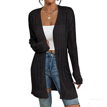 Women's Open Front Knit Cardigan Hollow Out Long Sleeve Lightweight Casual Loose-Fit Outerwear