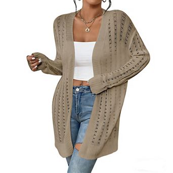 Women's Open Front Knit Cardigan Hollow Out Long Sleeve Lightweight Casual Loose-Fit Outerwear