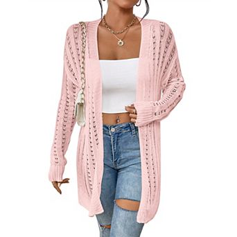 Women's Open Front Knit Cardigan Hollow Out Long Sleeve Lightweight Casual Loose-Fit Outerwear