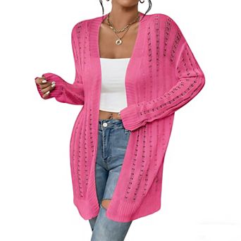 Women's Open Front Knit Cardigan Hollow Out Long Sleeve Lightweight Casual Loose-Fit Outerwear