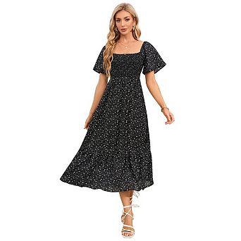 Women's Casual Floral Print Midi Dress Puffy Short Sleeve Square Neck Smocked Tiered Ruffle Dresses
