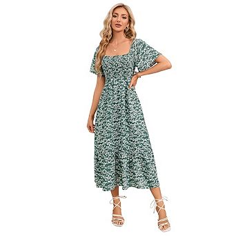 Women's Casual Floral Print Midi Dress Puffy Short Sleeve Square Neck Smocked Tiered Ruffle Dresses