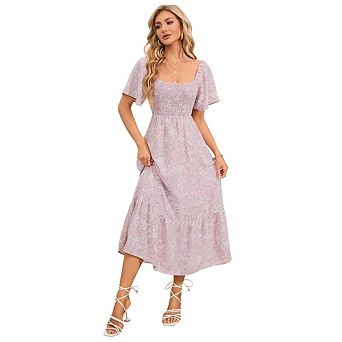 Women's Casual Floral Print Midi Dress Puffy Short Sleeve Square Neck Smocked Tiered Ruffle Dresses