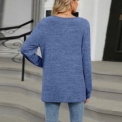 Women's Long Sleeve Spring Fall Top Round Neck Keyhole Loose Fit Casual Knit Shirt