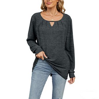 Women's Long Sleeve Spring Fall Top Round Neck Keyhole Loose Fit Casual Knit Shirt