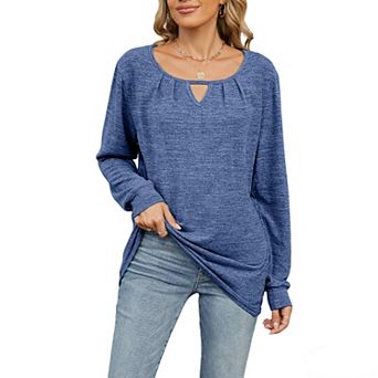 Women's Long Sleeve Spring Fall Top Round Neck Keyhole Loose Fit Casual Knit Shirt
